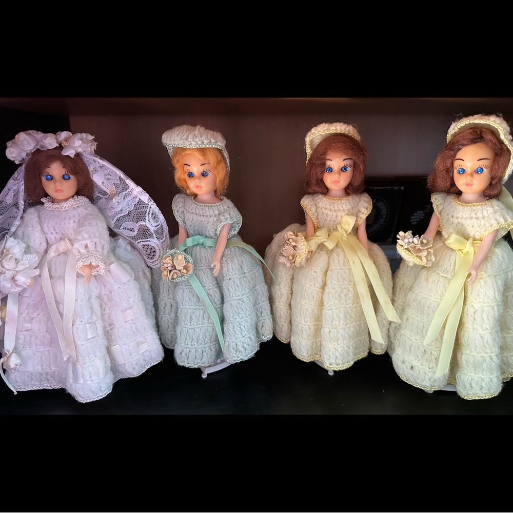 Vintage Rubber band plastic Dolls Bridal set crocheted dresses 1950’s